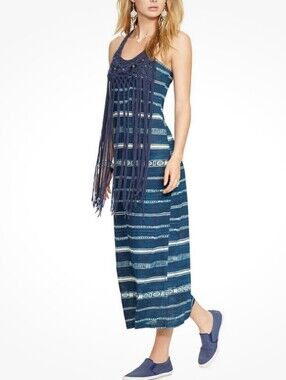 NWT Denim & Supply Blue Fringe Bohemian Beaded Macrame Long Maxi Dress XS